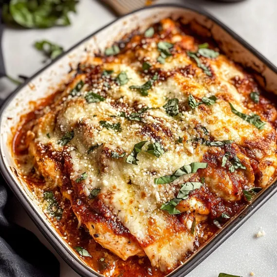 A dish of lasagna with cheese and herbs.
