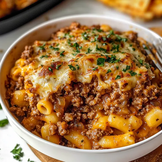 A bowl of pasta with meat and cheese.