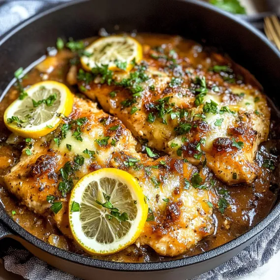 A pan of food with lemon wedges on top.