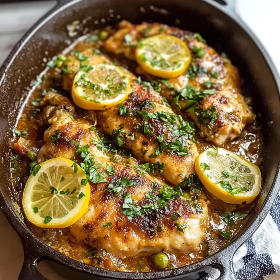 A pan of chicken with lemon slices on top.