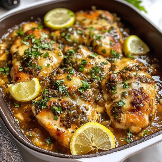 A bowl of chicken with lemon slices.