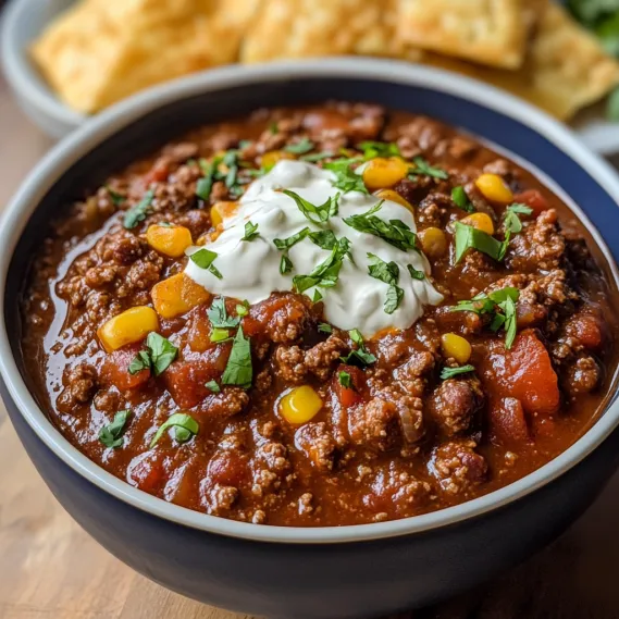 A bowl of chili with white cheese on top.