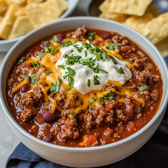 A bowl of chili with a dollop of sour cream on top.