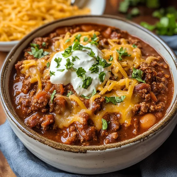 A bowl of chili with cheese and sour cream on top.