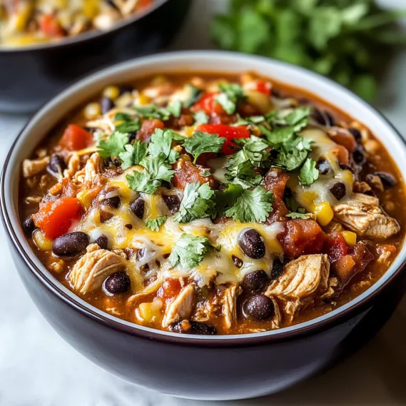 A bowl of chili with chicken, beans, and tomatoes.