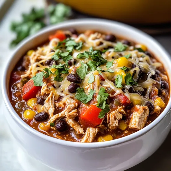 A bowl of soup with chicken, beans, and vegetables.