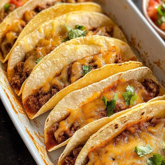 A pan of tacos with cheese and meat.