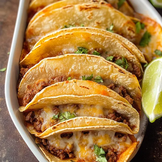 A bowl of tacos with meat and cheese.