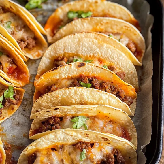 A tray of tacos with meat and cheese.