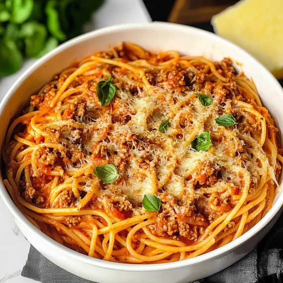 A bowl of spaghetti with meat sauce.