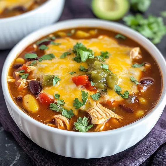 A bowl of soup with chicken and vegetables.