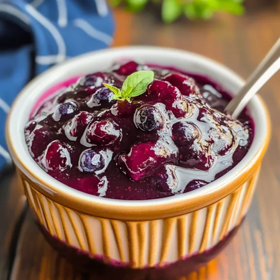 A bowl of blueberry sauce with a spoon in it.