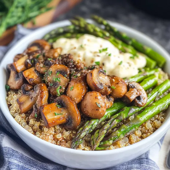 A bowl of mushrooms and asparagus.