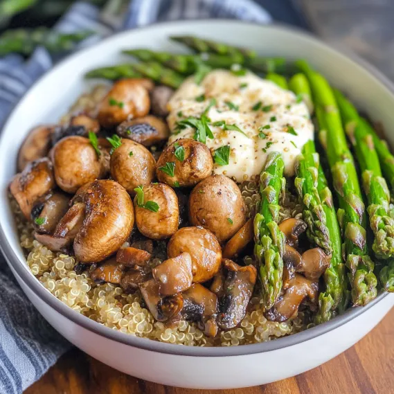A bowl of mushrooms, asparagus, and cream.