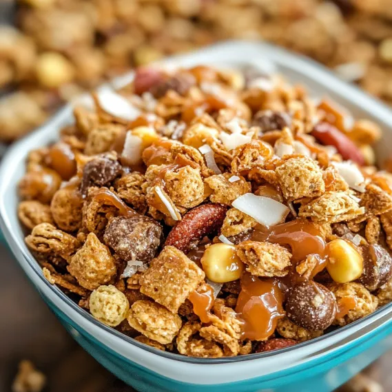 A bowl of cereal with chocolate and caramel sauce.