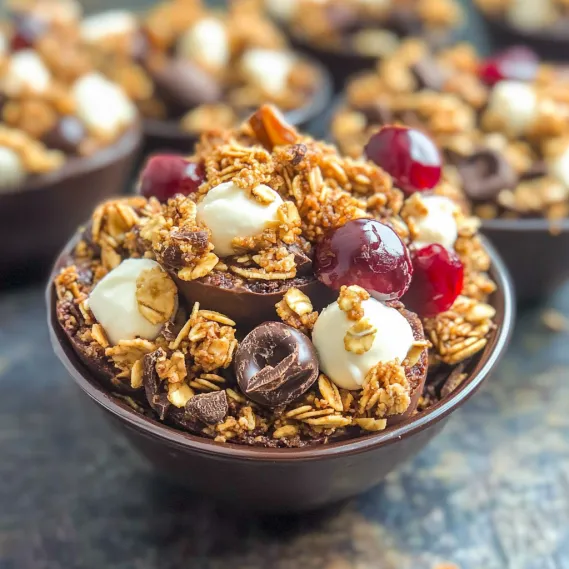 A bowl of cereal with chocolate chips and berries.