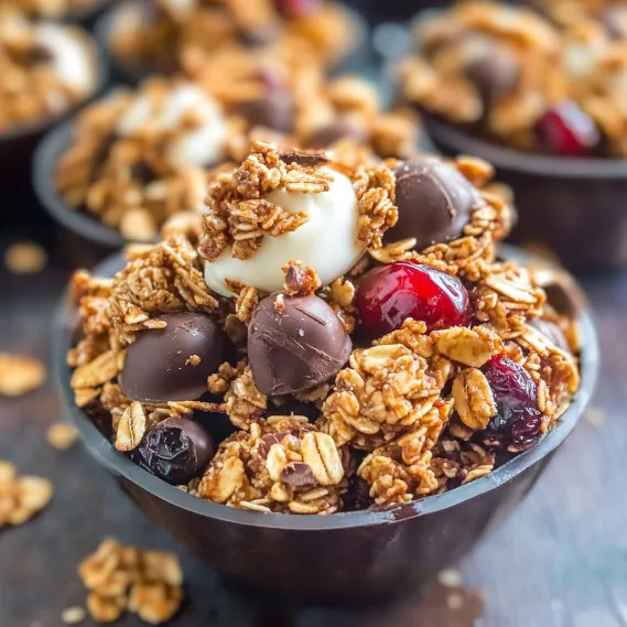 Bowl of granola with chocolate chips and berries.