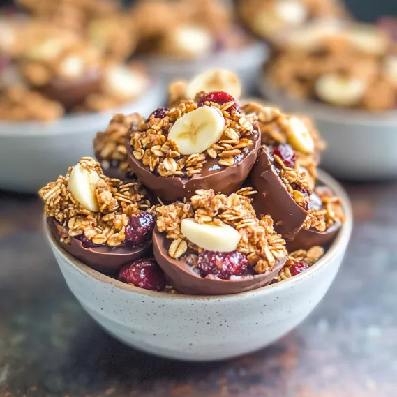 A bowl of cereal with bananas and chocolate.
