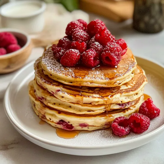 A stack of pancakes with raspberries on top.