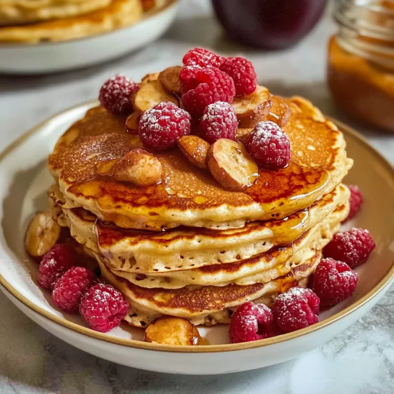A stack of pancakes with raspberries on top.