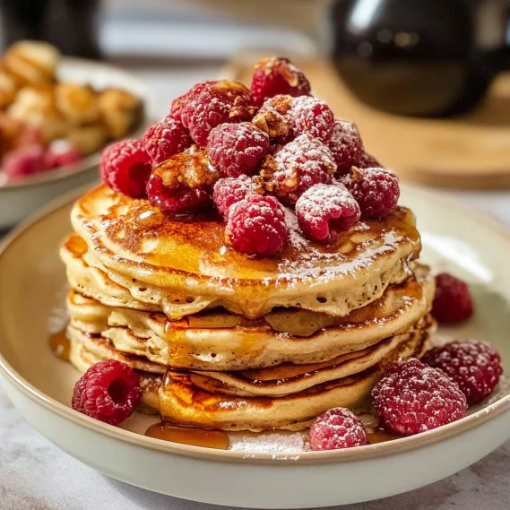 A stack of pancakes with raspberries on top.