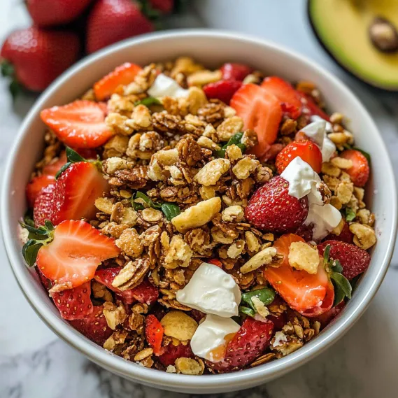 A bowl of fruit with strawberries, bananas, and yogurt.