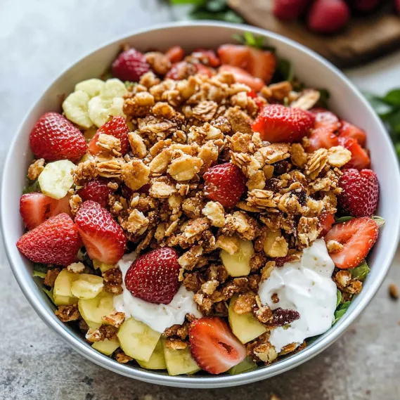 A bowl of fruit with strawberries, bananas, and walnuts.