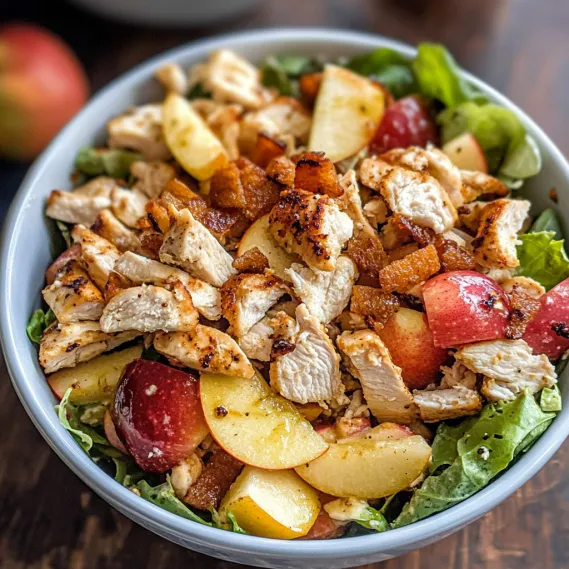 A bowl of chicken salad with apples and lettuce.