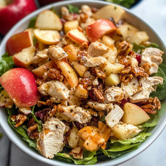 A bowl of chicken salad with apples and walnuts.