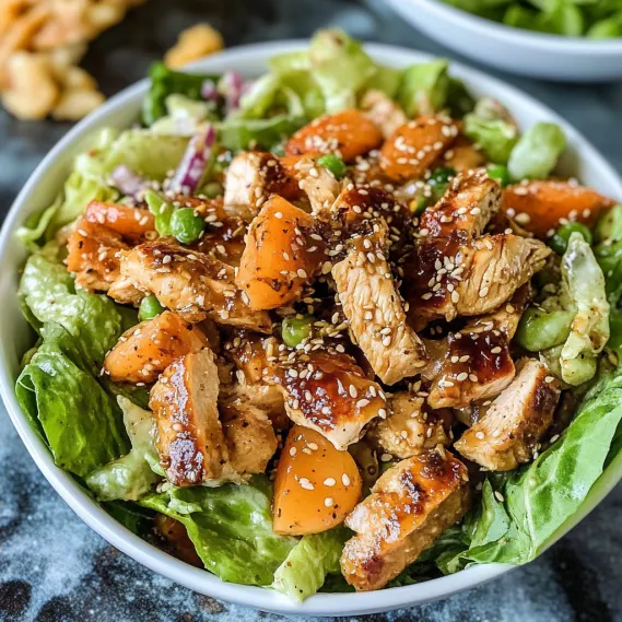 A bowl of salad with chicken and vegetables.