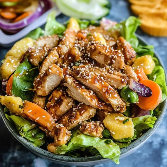 A bowl of chicken salad with lettuce, carrots, and onions.