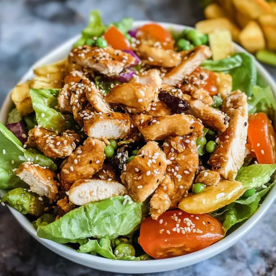 A bowl of salad with chicken, peas, and tomatoes.