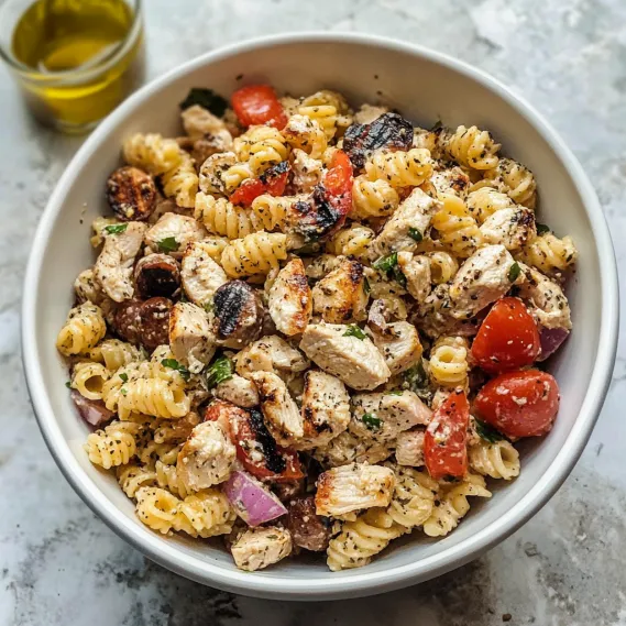 A bowl of pasta with chicken and tomatoes.