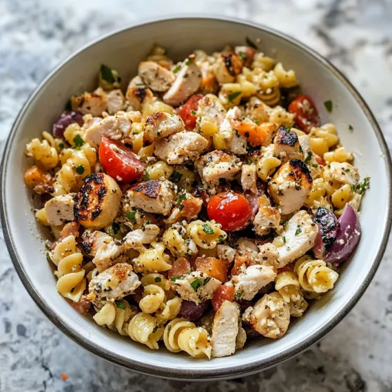 A bowl of pasta with chicken and tomatoes.