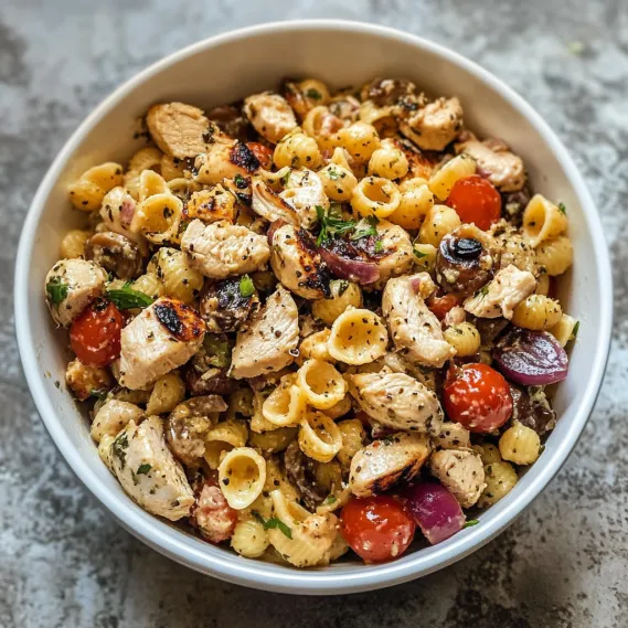 A bowl of pasta with chicken and tomatoes.