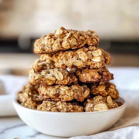 A stack of oatmeal cookies in a bowl.
