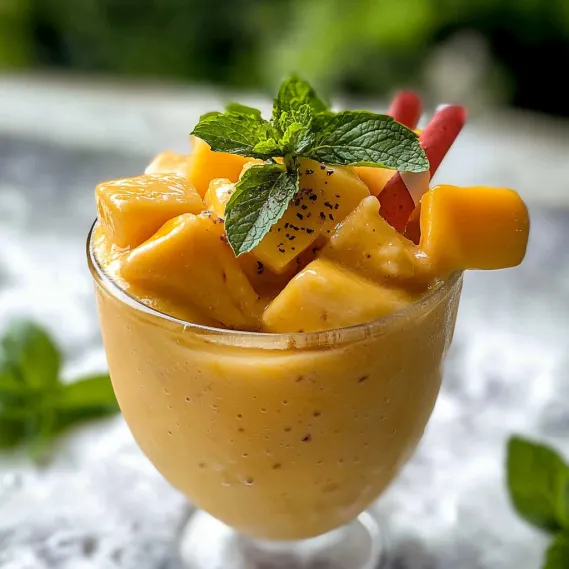 A glass of orange juice with a mint garnish.