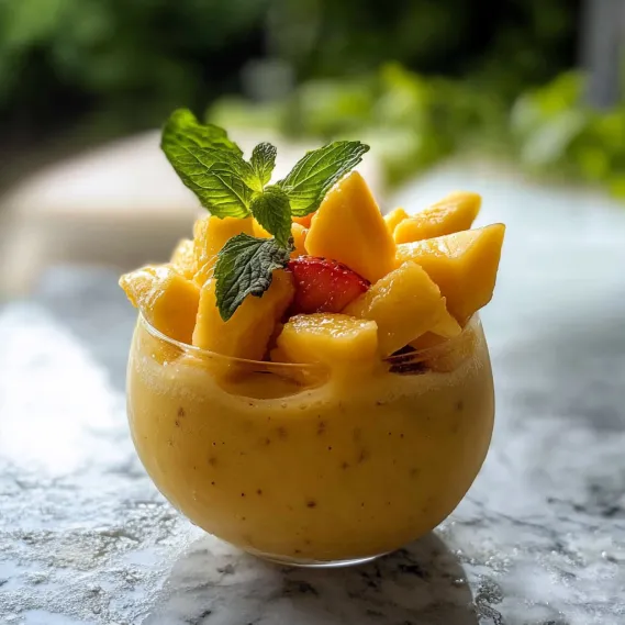 A glass bowl of fruit with a mint garnish.
