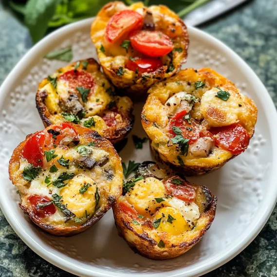 A plate of four mini quiches with tomatoes and cheese.