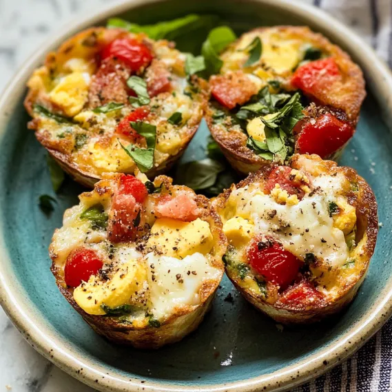 A plate of four mini quiches with tomatoes and spinach.
