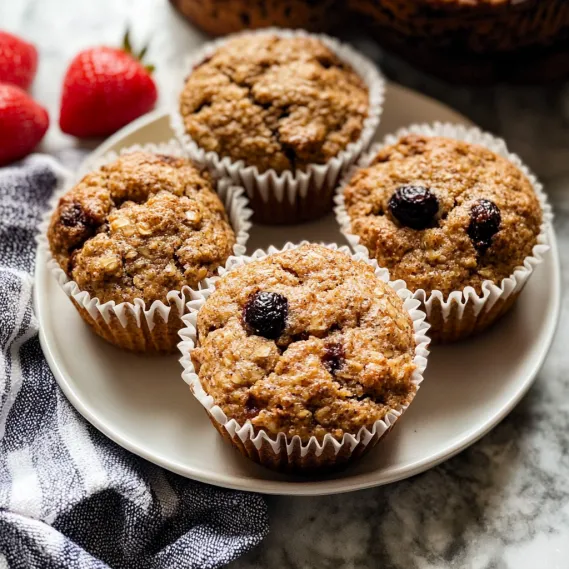 A plate of muffins with strawberries on the side.