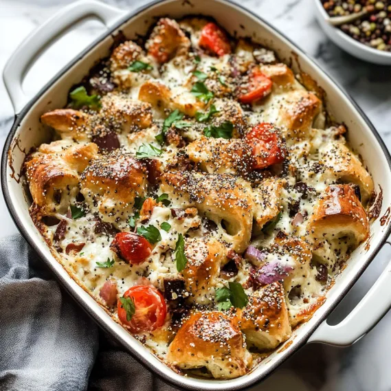 A dish of food with bread and tomatoes.