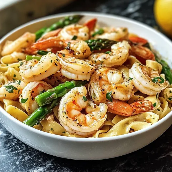 A bowl of shrimp and asparagus.