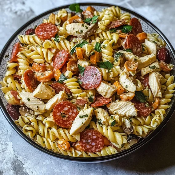 A bowl of pasta with meat and vegetables.