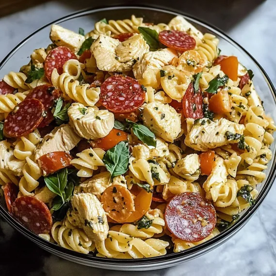 A bowl of pasta with meat and vegetables.