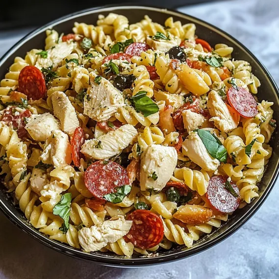 A bowl of pasta with meat and vegetables.