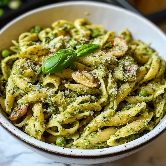 A bowl of pasta with spinach and pine nuts.