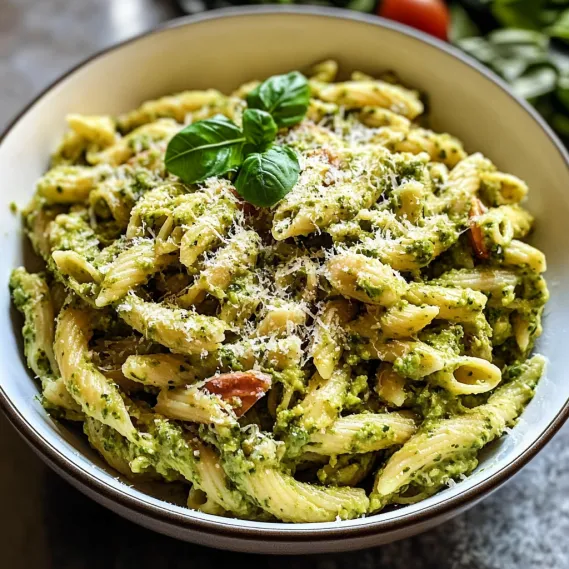A bowl of pasta with spinach and cheese.