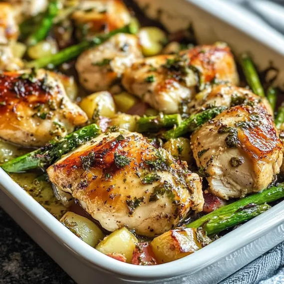 A pan of chicken and asparagus.