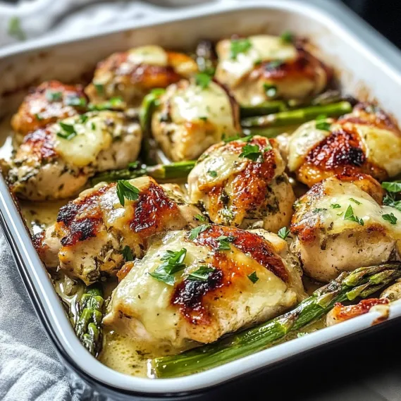 A pan of chicken and asparagus.